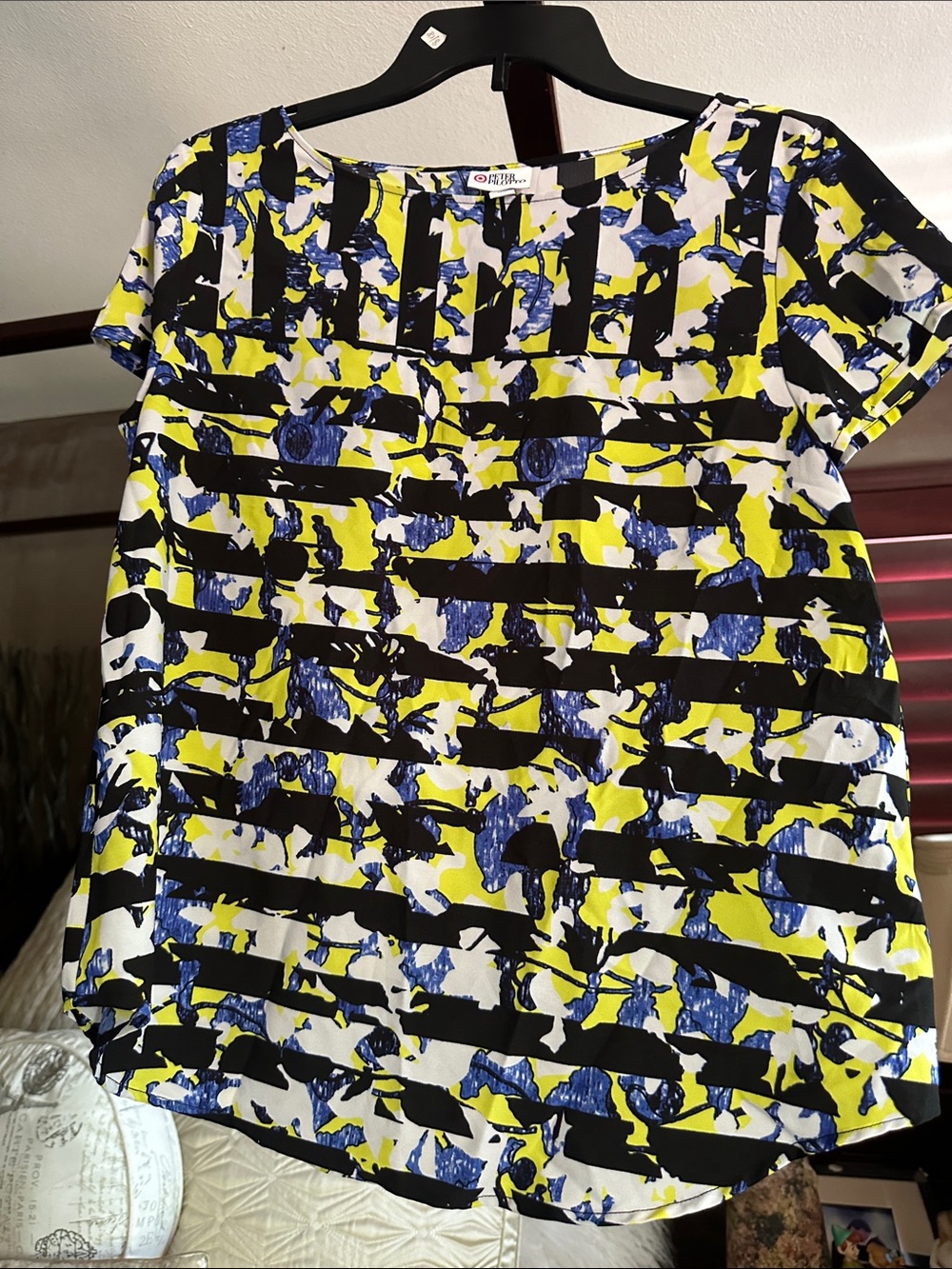 Peter Pilotto for Target Yellow, Blue & Black Abstract Stripe Short Sleeve Top